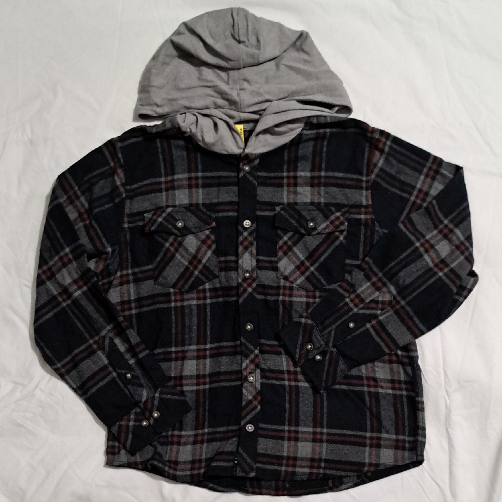 RSQ Black and Gray Plaid Hooded Flannel Shirt with Rust Accent